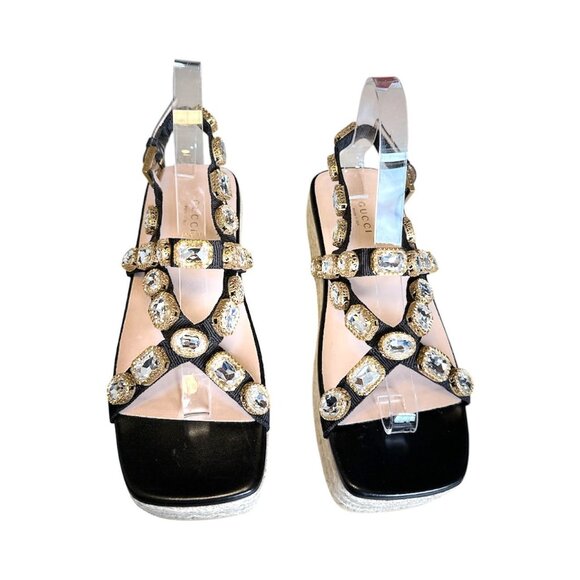 GUCCI Pepita Crystal Espadrille Sandal EU 38.5 US 8.5 Black Leather Platform - Picture 2 of 9
